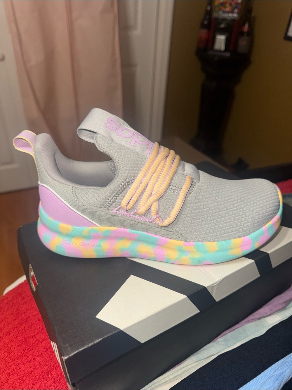 NWT. Never worn. Kids Grey Adidas  Slip-On Athletic Shoes with Pastel Accents